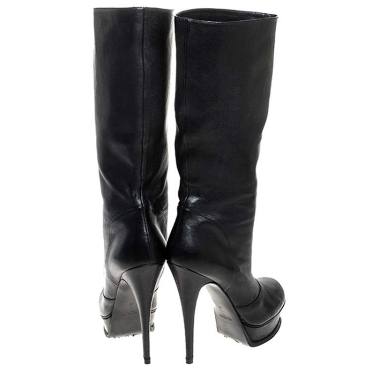 Pre Owned Saint Laurent Paris Black Leather Tribute Mid Calf Boots Size 40