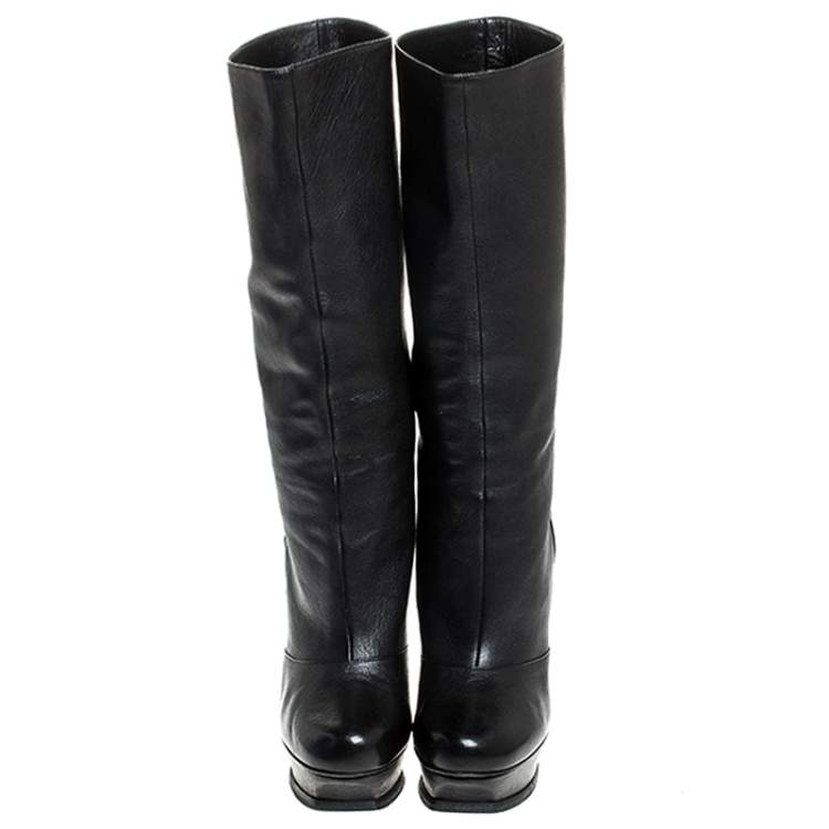 Pre Owned Saint Laurent Paris Black Leather Tribute Mid Calf Boots Size 40