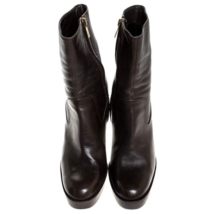 Pre Owned Saint Laurent Brown Leather Platform Ankle Boots Size 36.5
