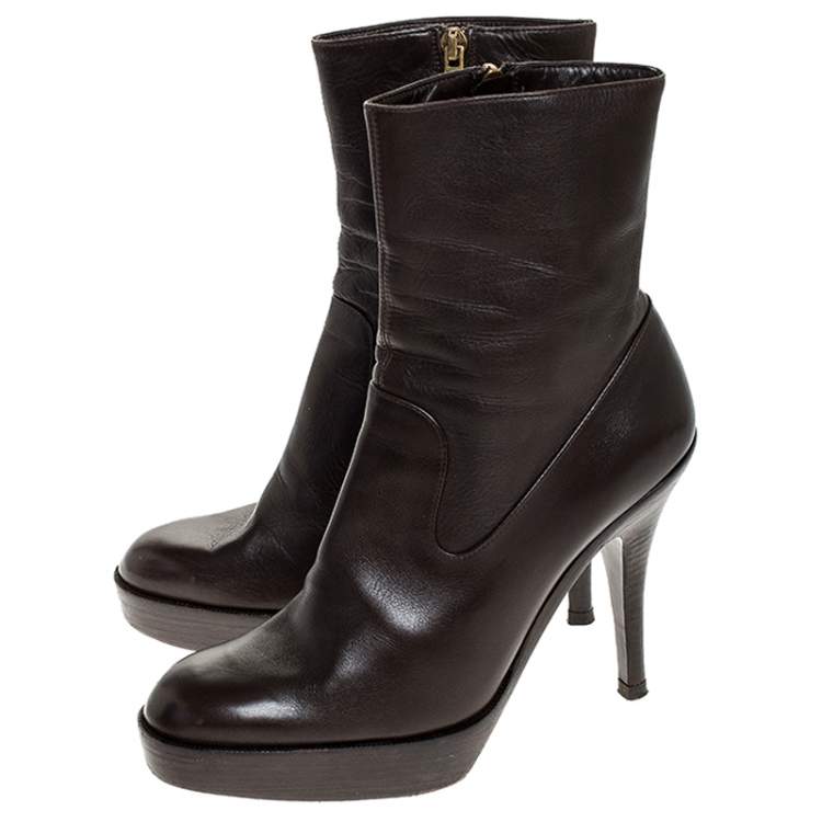 Pre Owned Saint Laurent Brown Leather Platform Ankle Boots Size 36.5
