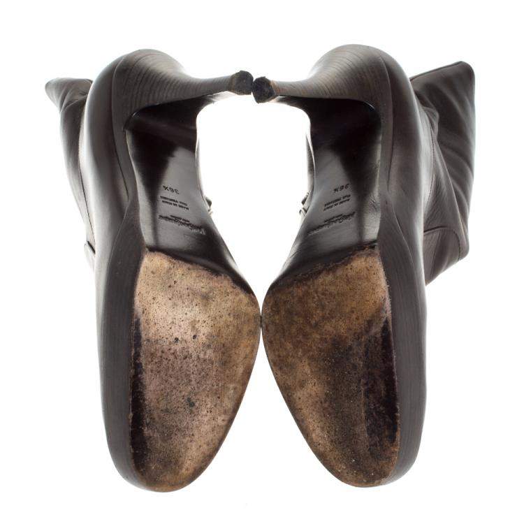 Pre Owned Saint Laurent Brown Leather Platform Ankle Boots Size 36.5