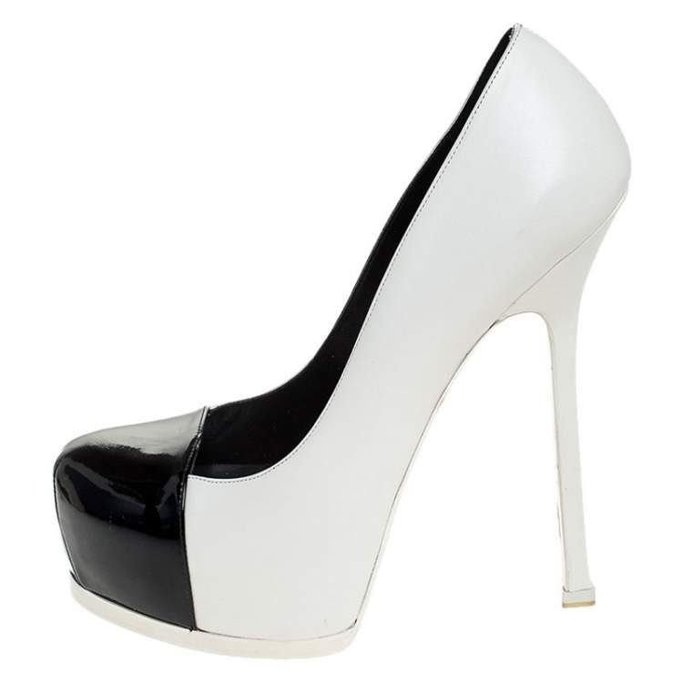 Pre Owned Saint Laurent Paris White/Black Leather Tribtoo Platform Pumps Size 39.5