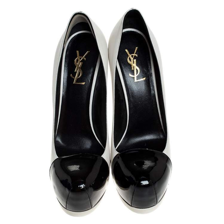 Pre Owned Saint Laurent Paris White/Black Leather Tribtoo Platform Pumps Size 39.5