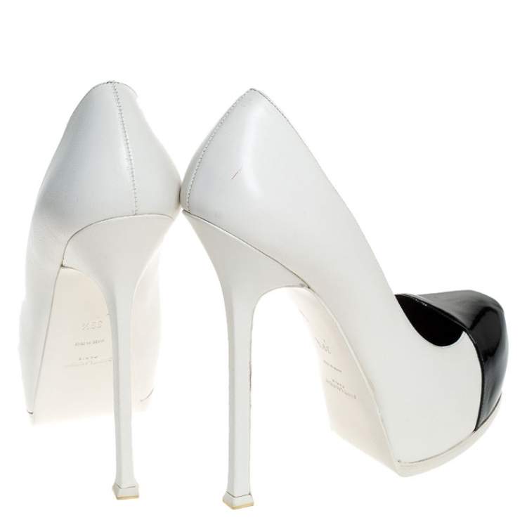 Pre Owned Saint Laurent Paris White/Black Leather Tribtoo Platform Pumps Size 39.5