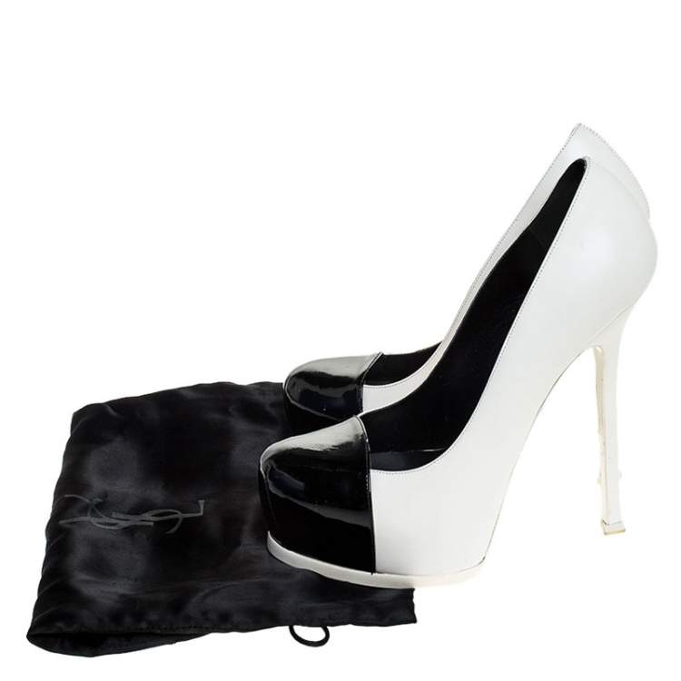 Pre Owned Saint Laurent Paris White/Black Leather Tribtoo Platform Pumps Size 39.5