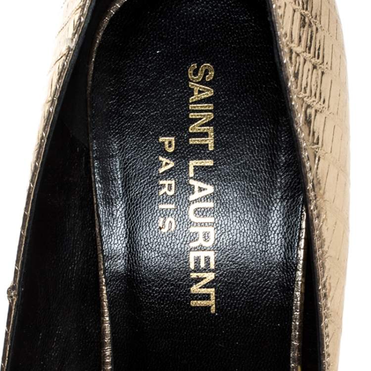 Pre Owned Saint Laurent Paris Gold Embossed Leather Pointed Toe Platform Pumps Size 37.5