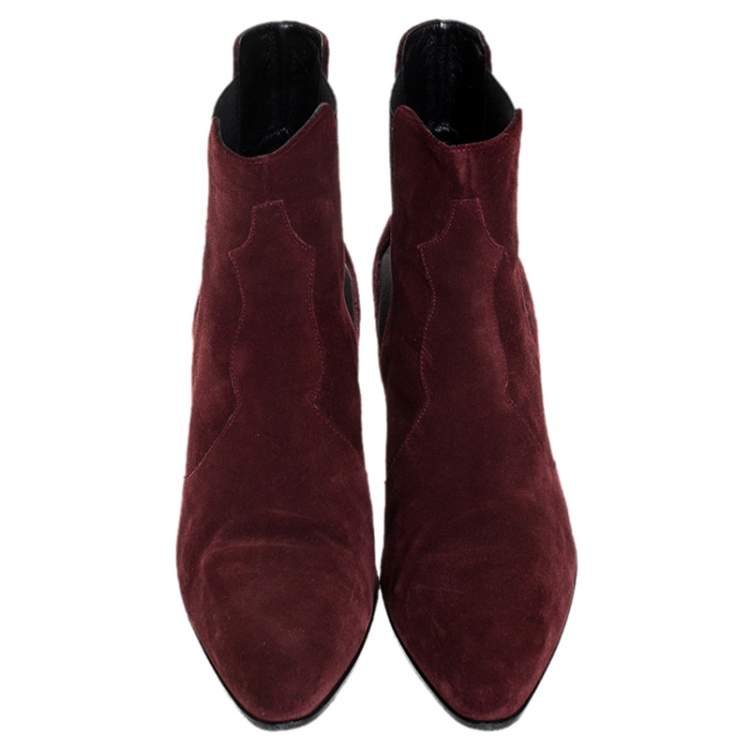 Pre Owned Saint Laurent Paris Burgundy Suede Leather Pointed Toe Ankle Boots Size 40
