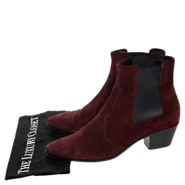 Pre Owned Saint Laurent Paris Burgundy Suede Leather Pointed Toe Ankle Boots Size 40
