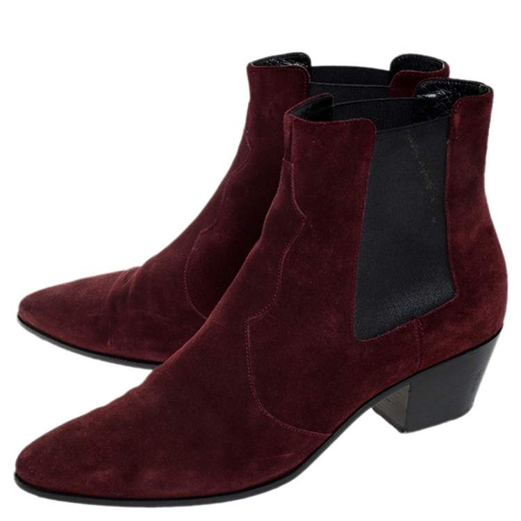 Pre Owned Saint Laurent Paris Burgundy Suede Leather Pointed Toe Ankle Boots Size 40