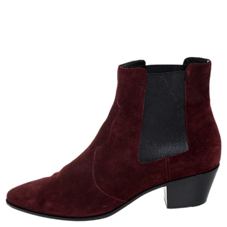 Pre Owned Saint Laurent Paris Burgundy Suede Leather Pointed Toe Ankle Boots Size 40