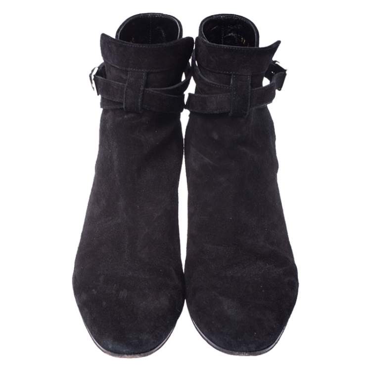 Pre Owned Saint Laurent Paris Black Suede Double Buckle Ankle Boots Size 40