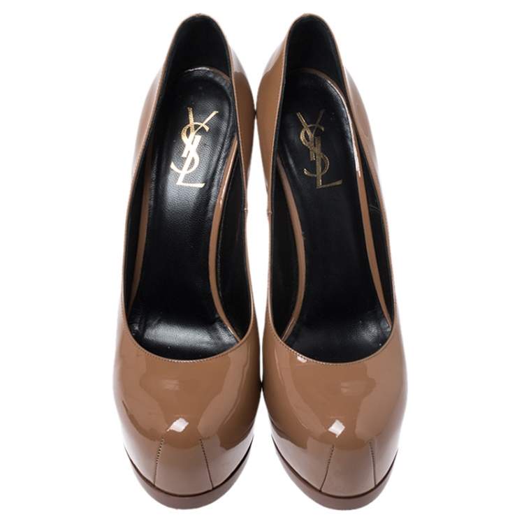 مملوكة مسبقًا Saint Laurent Paris Brown Patent Leather Tribtoo Platform Pumps Size 39