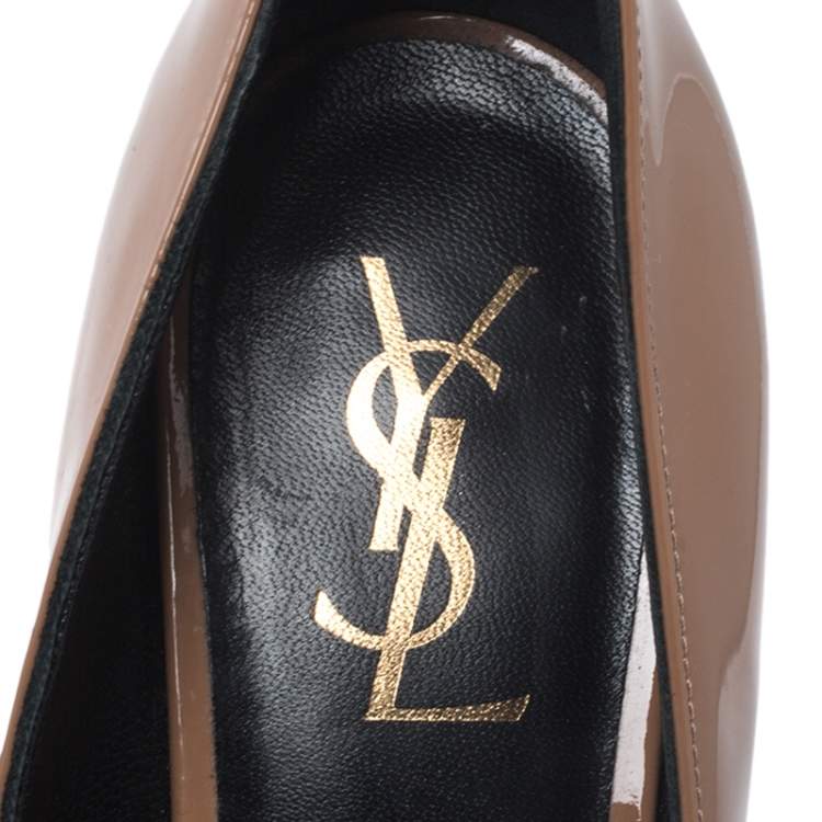 مملوكة مسبقًا Saint Laurent Paris Brown Patent Leather Tribtoo Platform Pumps Size 39