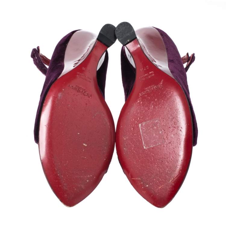 Pre Owned Yves Saint Laurent Purple Velvet Peep toe Wedges Size 37.5