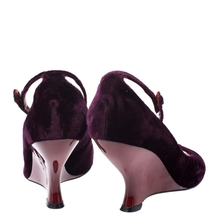 Pre Owned Yves Saint Laurent Purple Velvet Peep toe Wedges Size 37.5