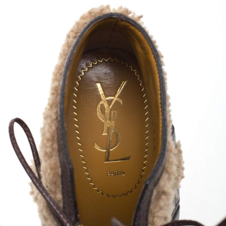 Pre Owned Saint Laurent Paris Multicolor Leather And Shearling Trim Tribtoo Platform Ankle Boots Size 39.5
