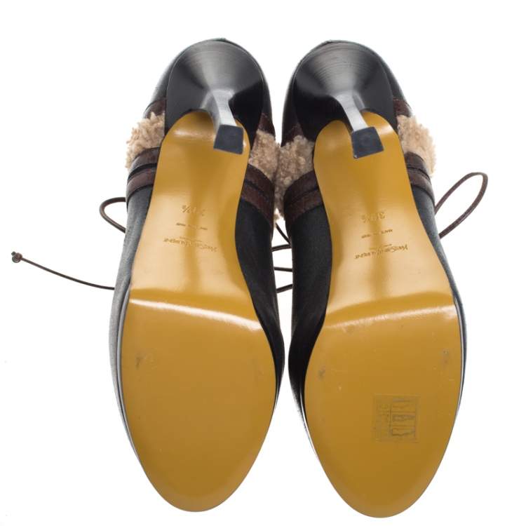 Pre Owned Saint Laurent Paris Multicolor Leather And Shearling Trim Tribtoo Platform Ankle Boots Size 39.5