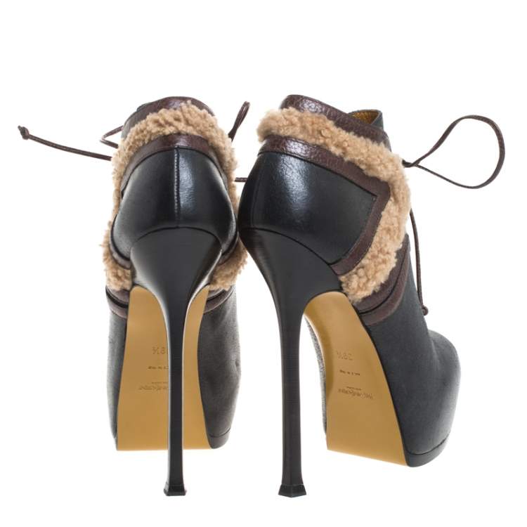 Pre Owned Saint Laurent Paris Multicolor Leather And Shearling Trim Tribtoo Platform Ankle Boots Size 39.5