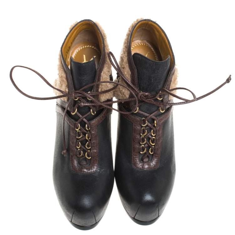 Pre Owned Saint Laurent Paris Multicolor Leather And Shearling Trim Tribtoo Platform Ankle Boots Size 39.5