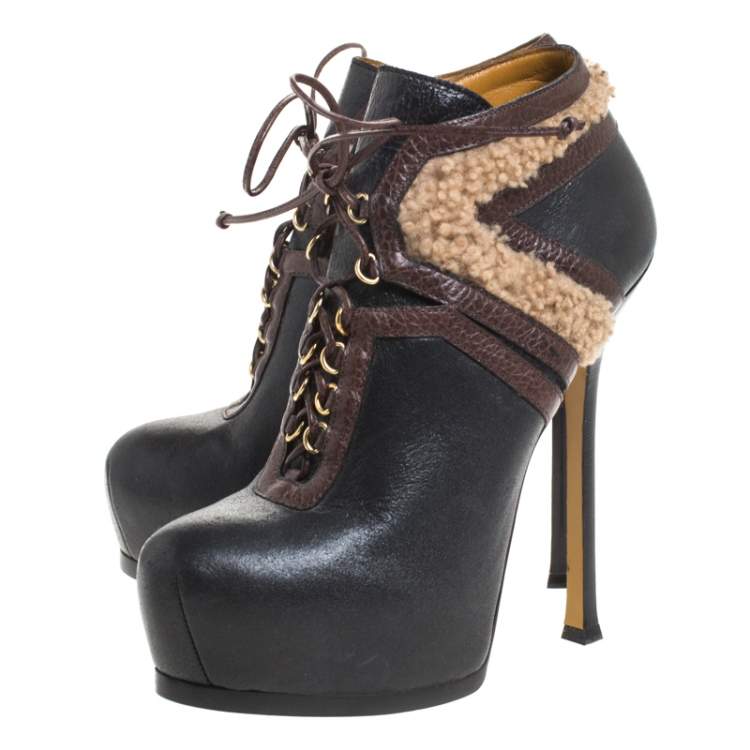 Pre Owned Saint Laurent Paris Multicolor Leather And Shearling Trim Tribtoo Platform Ankle Boots Size 39.5