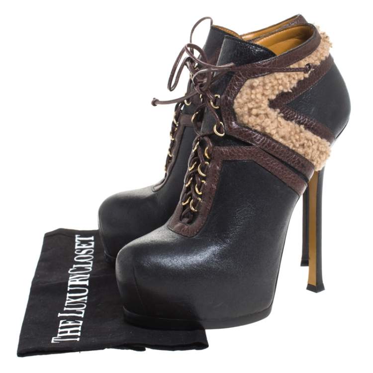 Pre Owned Saint Laurent Paris Multicolor Leather And Shearling Trim Tribtoo Platform Ankle Boots Size 39.5