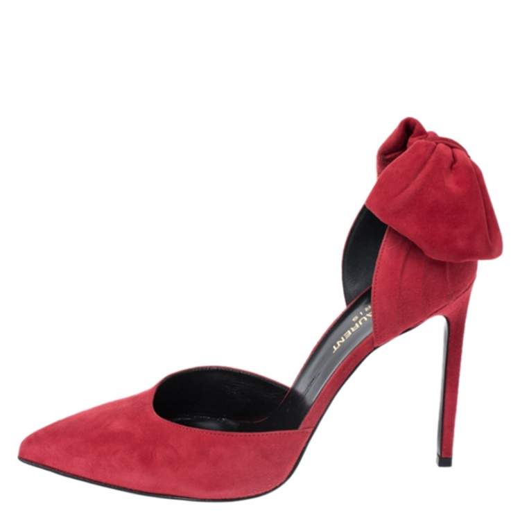 Pre Owned Saint Laurent Paris Red Suede Classic Paris Skinny D'orsay Pointed Toe Pumps Size 37.5