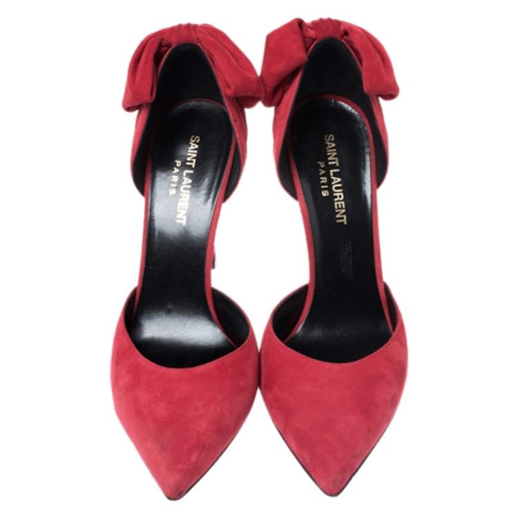 Pre Owned Saint Laurent Paris Red Suede Classic Paris Skinny D'orsay Pointed Toe Pumps Size 37.5