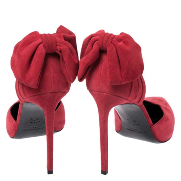 Pre Owned Saint Laurent Paris Red Suede Classic Paris Skinny D'orsay Pointed Toe Pumps Size 37.5
