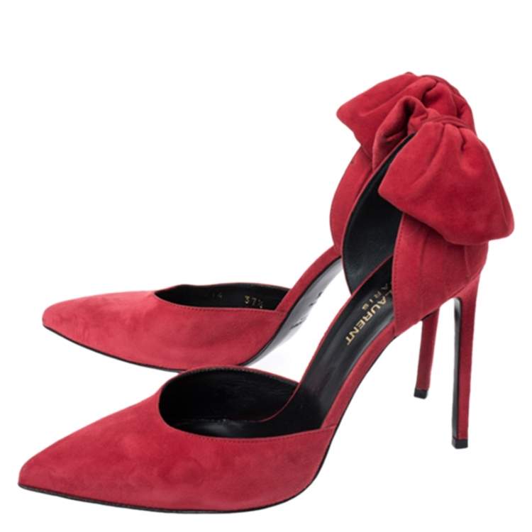 Pre Owned Saint Laurent Paris Red Suede Classic Paris Skinny D'orsay Pointed Toe Pumps Size 37.5
