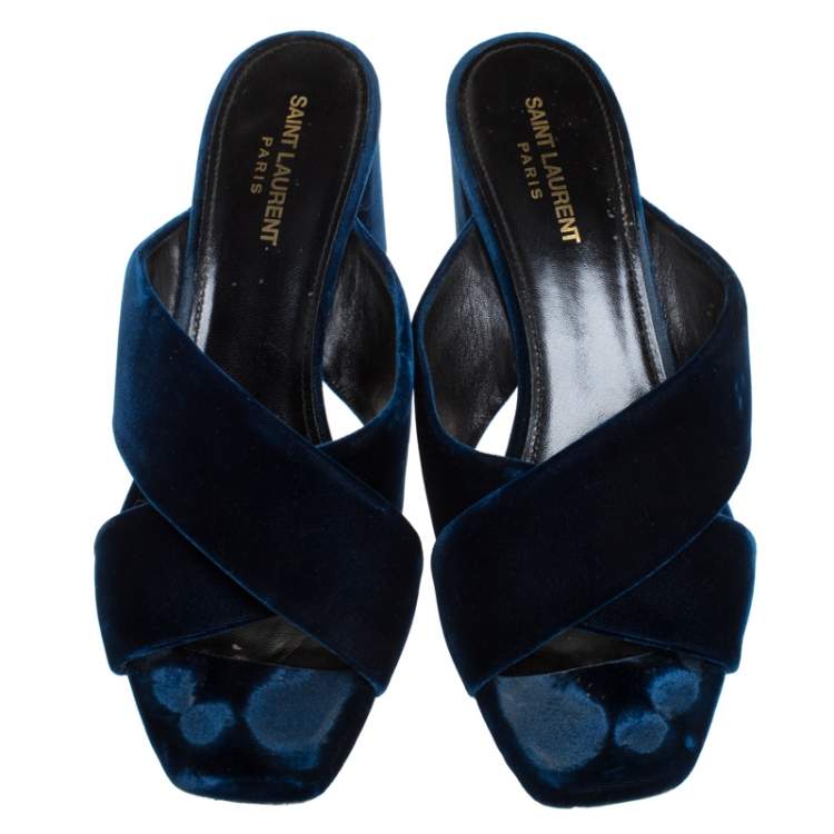 Pre Owned Saint Laurent Paris Blue Velvet LouLou Mules Size 41