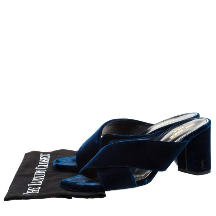 Pre Owned Saint Laurent Paris Blue Velvet LouLou Mules Size 41
