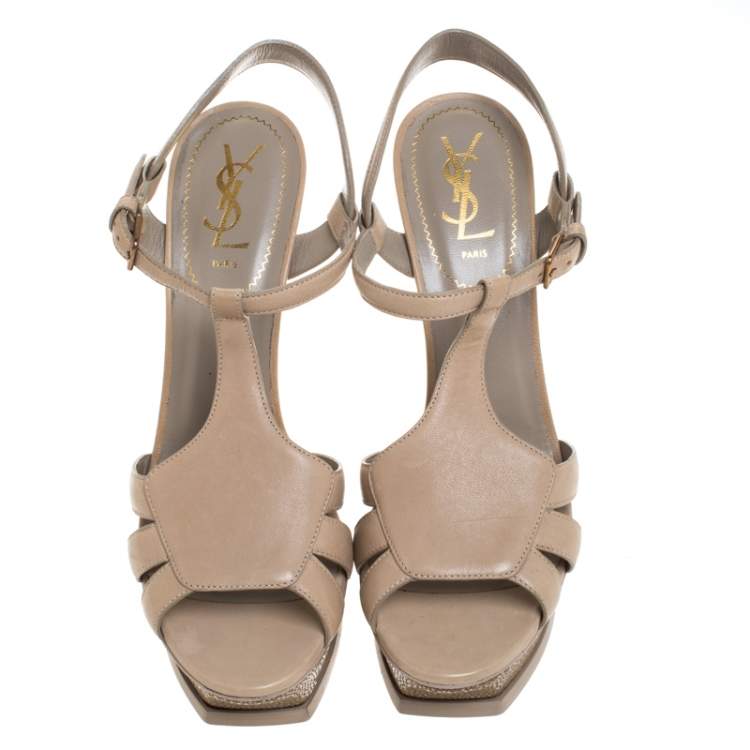 Pre Owned Saint Laurent Paris Beige Leather And Stingray Bubeo Platform Sandals Size 40.5