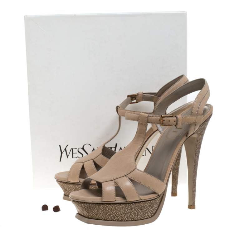 Pre Owned Saint Laurent Paris Beige Leather And Stingray Bubeo Platform Sandals Size 40.5
