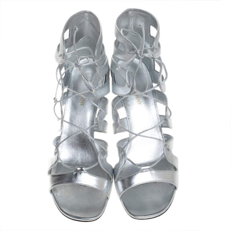 Pre Owned Saint Laurent Paris Silver Leather Gladiator Ankle Wrap Sandals Size 41