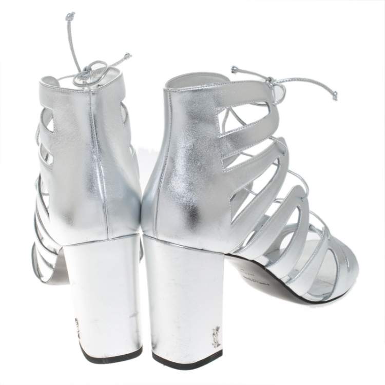 Pre Owned Saint Laurent Paris Silver Leather Gladiator Ankle Wrap Sandals Size 41