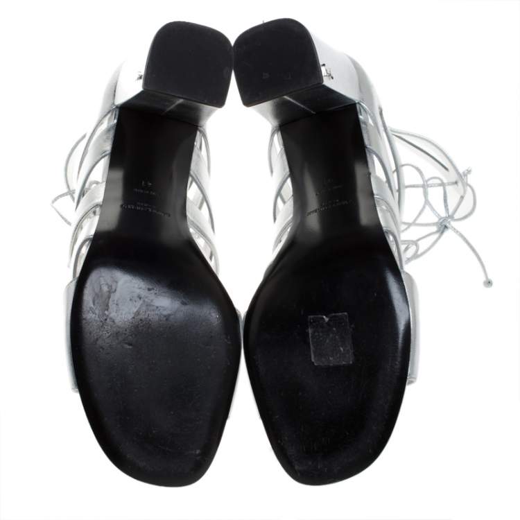 Pre Owned Saint Laurent Paris Silver Leather Gladiator Ankle Wrap Sandals Size 41