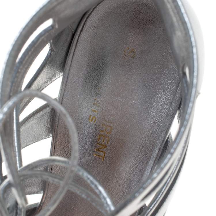 Pre Owned Saint Laurent Paris Silver Leather Gladiator Ankle Wrap Sandals Size 41
