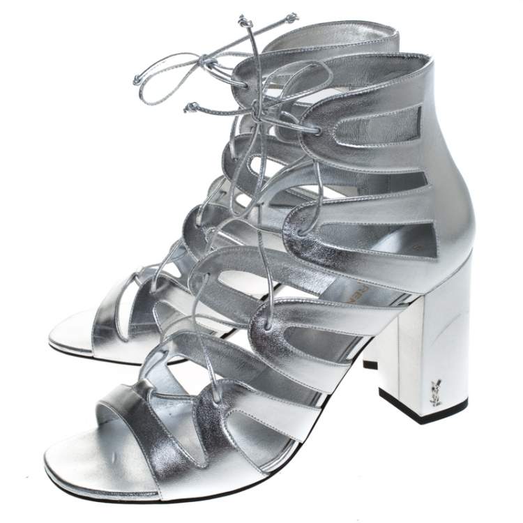 Pre Owned Saint Laurent Paris Silver Leather Gladiator Ankle Wrap Sandals Size 41