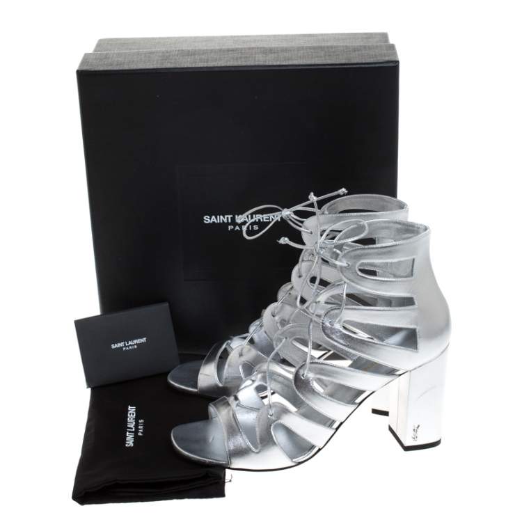 Pre Owned Saint Laurent Paris Silver Leather Gladiator Ankle Wrap Sandals Size 41