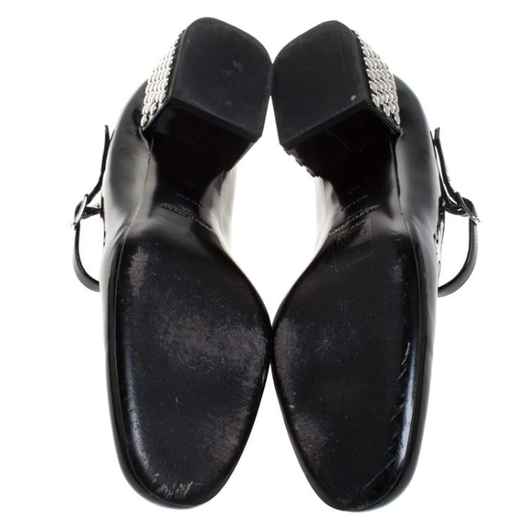 Pre Owned Saint Laurent Paris Black Patent Leather Mary Jane Studded Block Heel Pumps Size 40