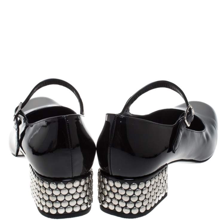 Pre Owned Saint Laurent Paris Black Patent Leather Mary Jane Studded Block Heel Pumps Size 40