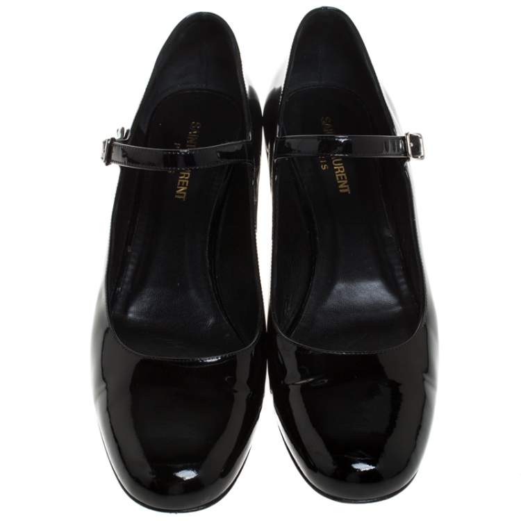 Pre Owned Saint Laurent Paris Black Patent Leather Mary Jane Studded Block Heel Pumps Size 40