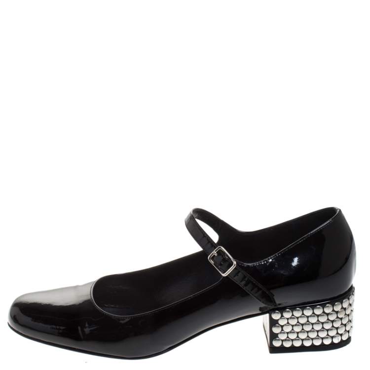 Pre Owned Saint Laurent Paris Black Patent Leather Mary Jane Studded Block Heel Pumps Size 40