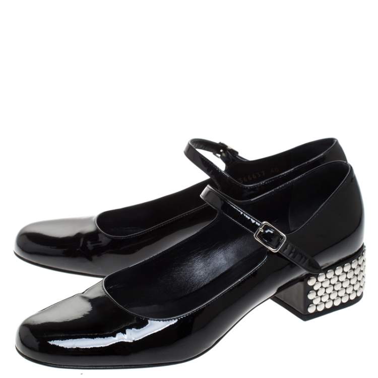 Pre Owned Saint Laurent Paris Black Patent Leather Mary Jane Studded Block Heel Pumps Size 40