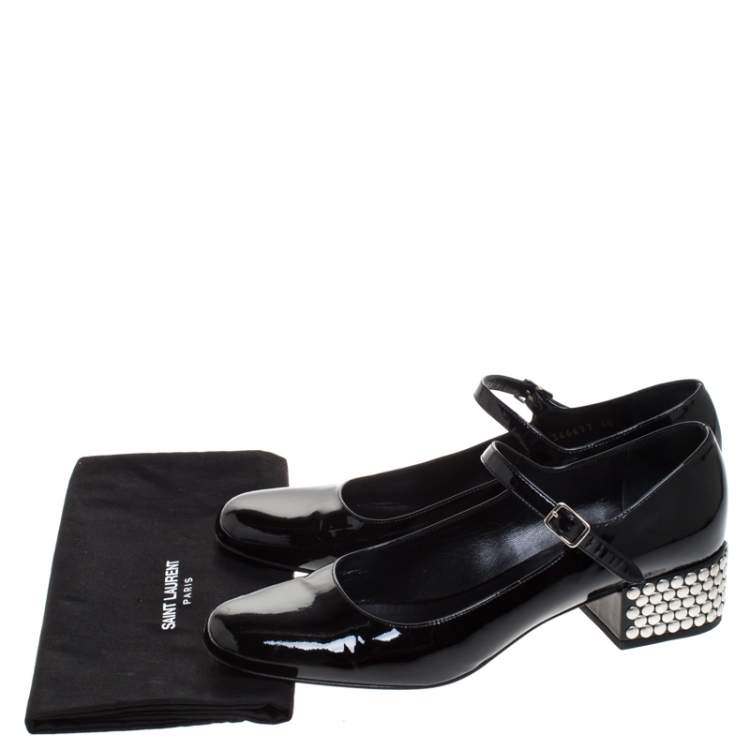 Pre Owned Saint Laurent Paris Black Patent Leather Mary Jane Studded Block Heel Pumps Size 40