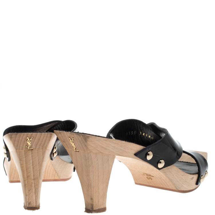 Pre Owned Saint Laurent Black Patent Leather Studded Cross Strap Platform Sandals Size 40