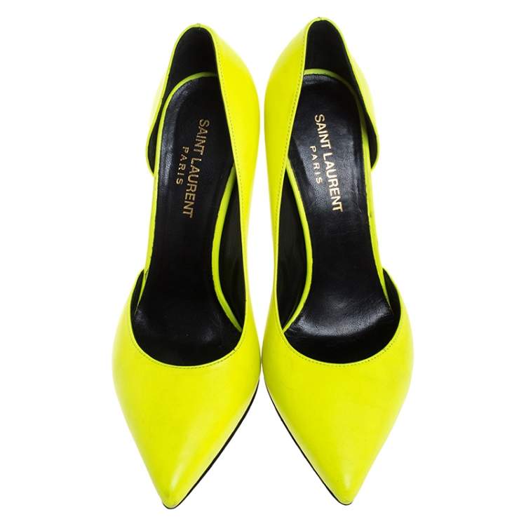 Pre Owned Saint Laurent Paris Neon Green Leather D'orsay Pointed Toe Pumps Size 37