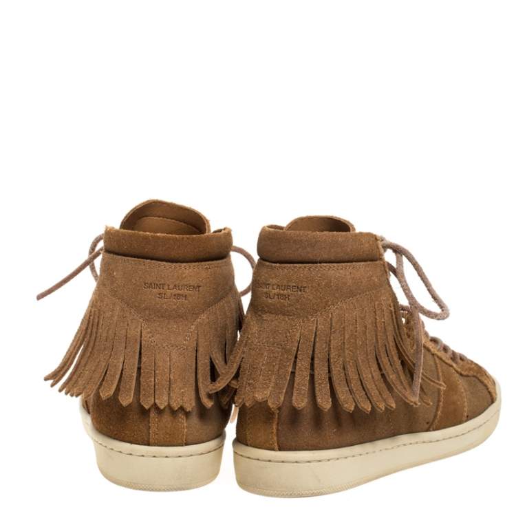 Pre Owned Saint Laurent Brown Suede Classic Court Fringe Sneakers Size 35