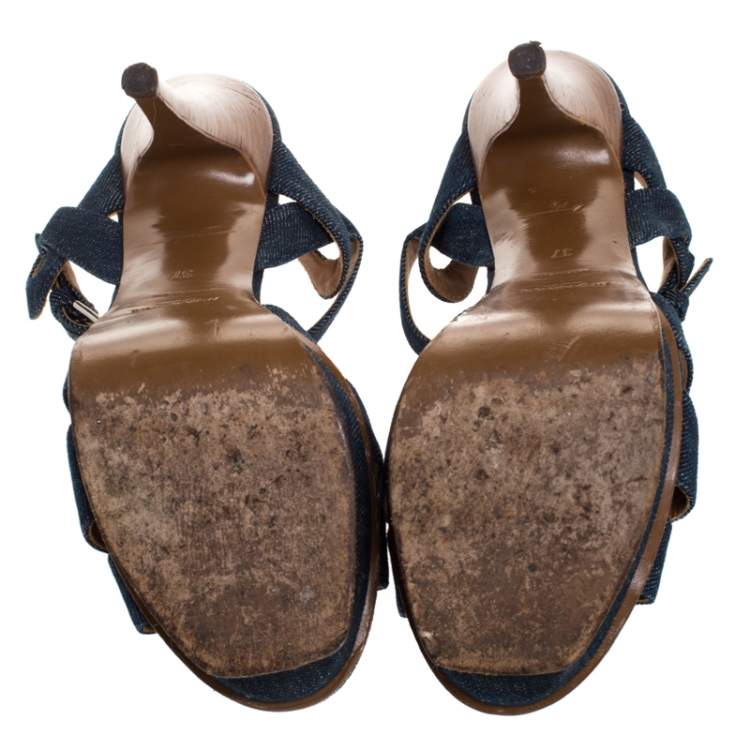 Pre Owned Saint Laurent Paris Blue Denim Tribute Platform Sandals Size 37