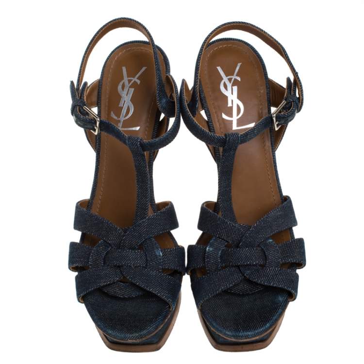 Pre Owned Saint Laurent Paris Blue Denim Tribute Platform Sandals Size 37